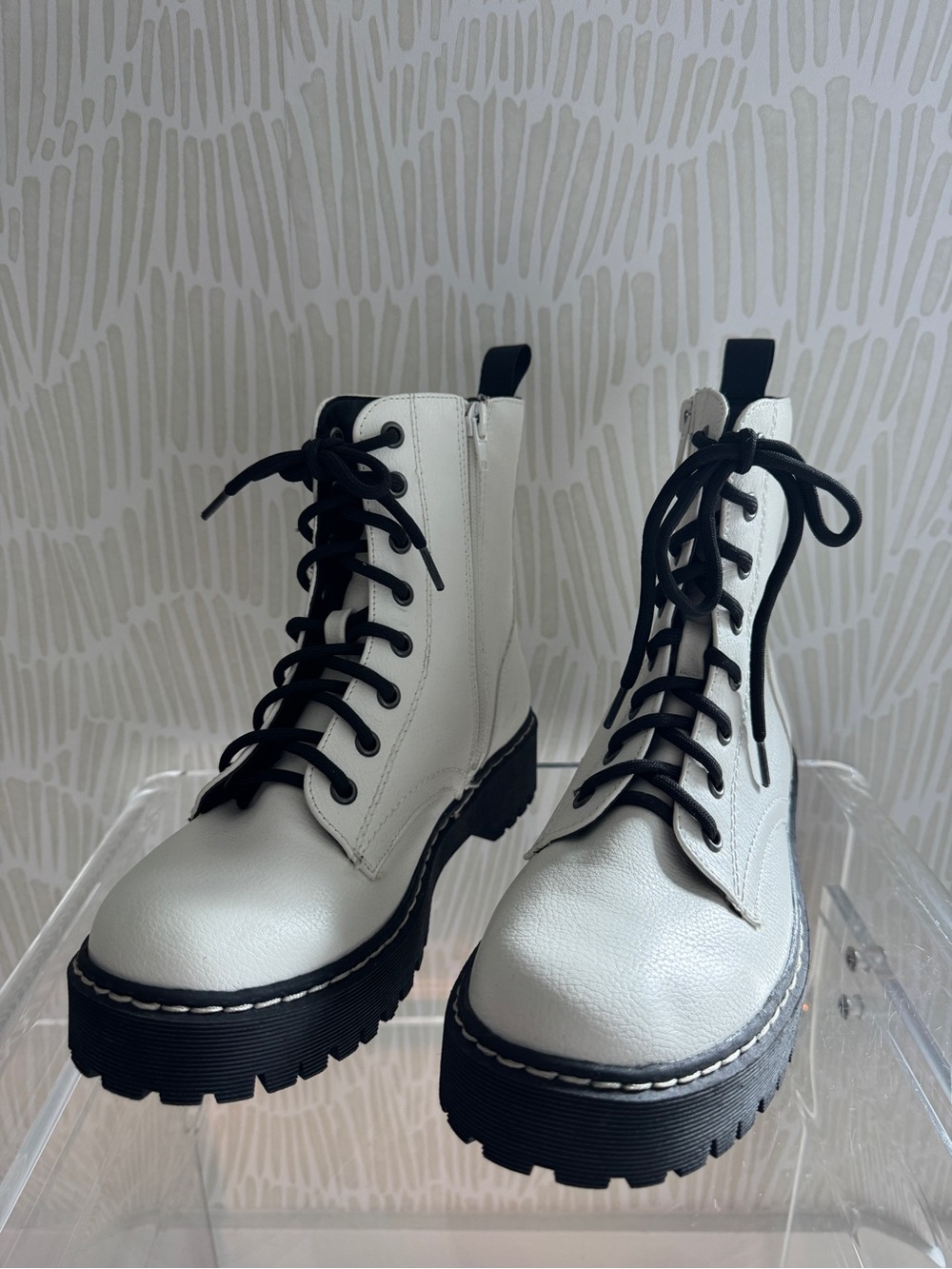 Sincerly Jules White Lace-Up Combat Boots with Black Laces